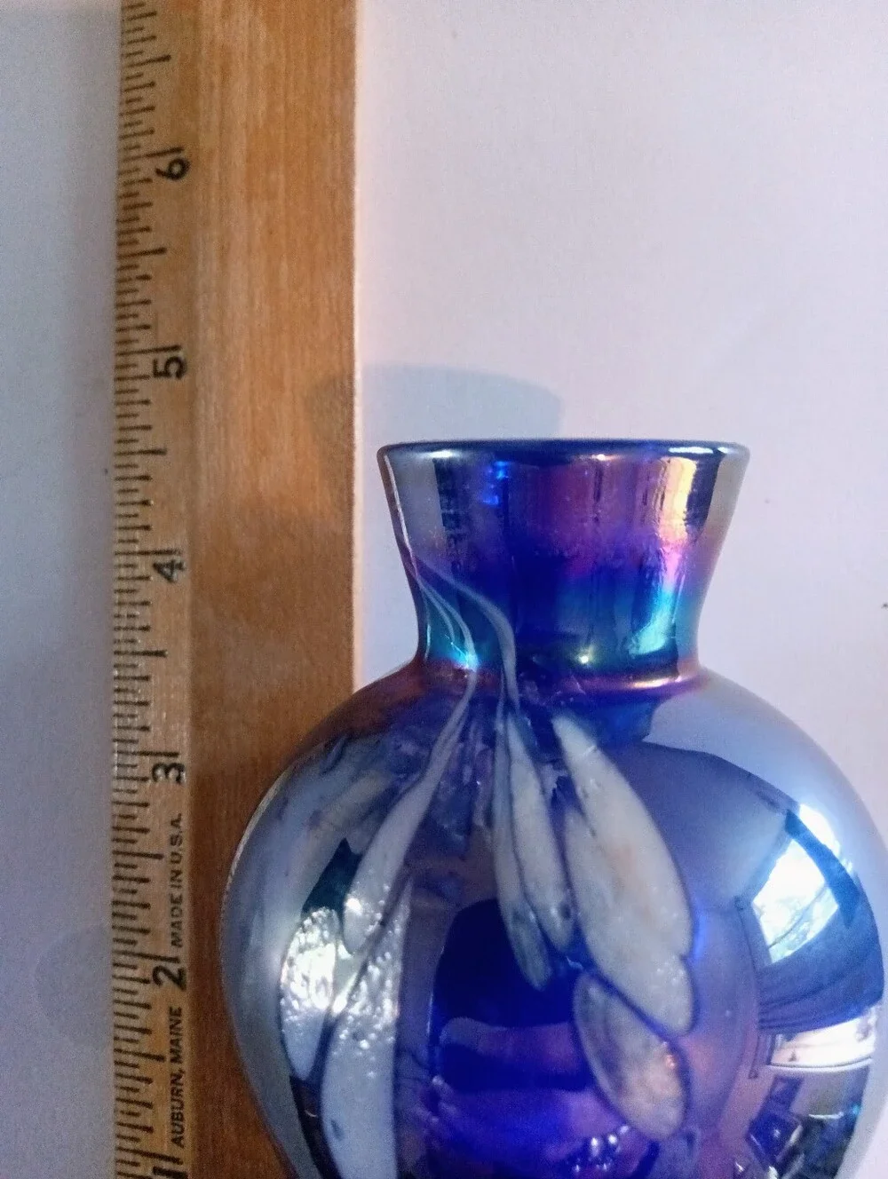 Cobalt Blue Art Glass Vase Distinct Iridescent Sheen White Drip Feather Accents